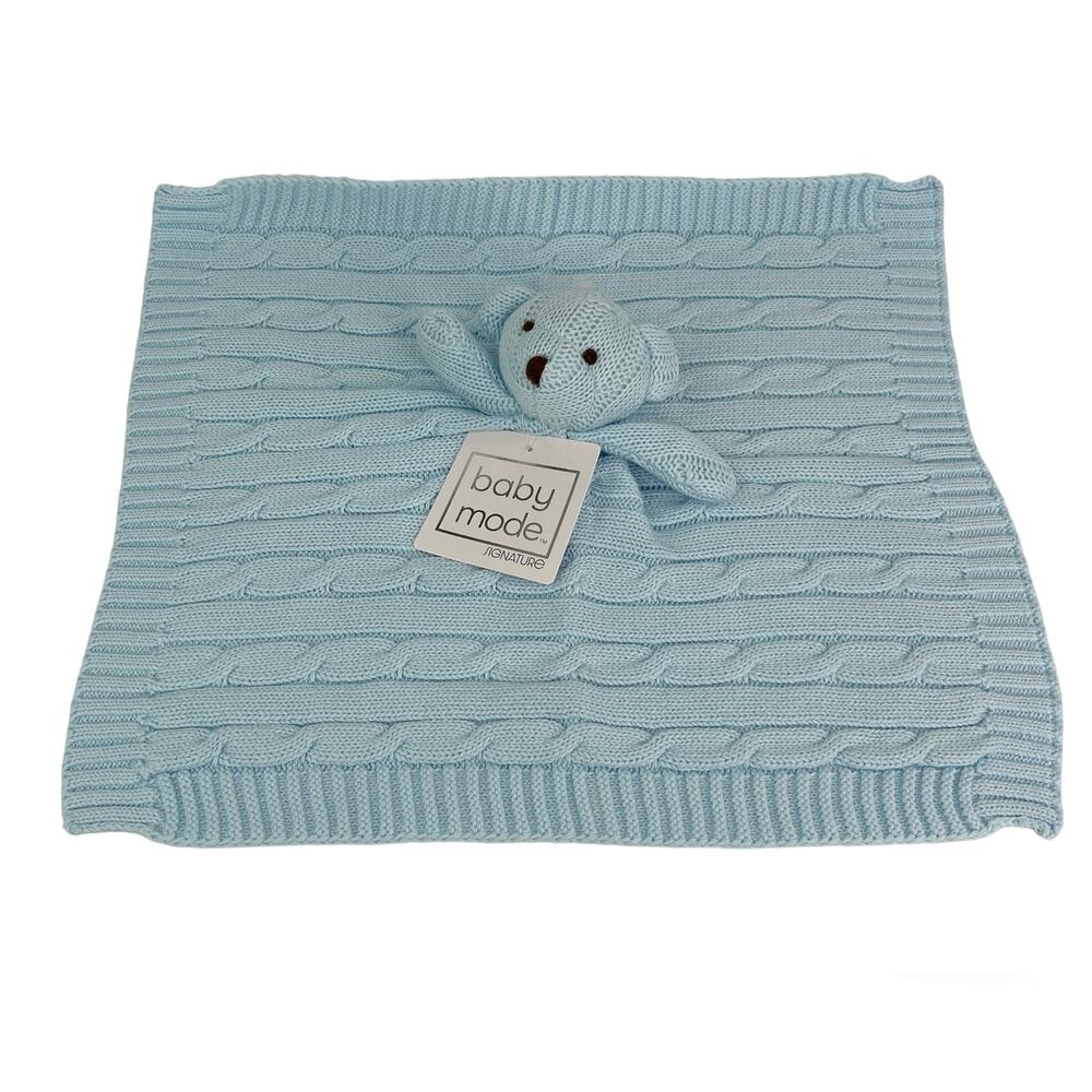 Baby Mode Cable Knit Lovey Blanket Blue Elephant 15.5" x 15" New